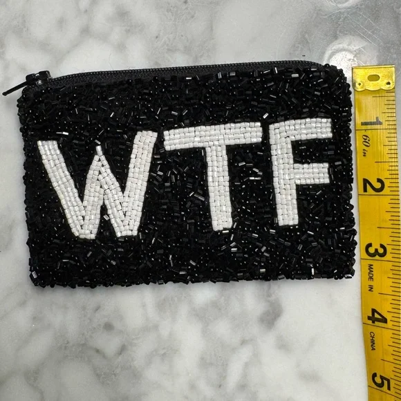 MOYNA “WTF” Black and White Beaded Zipper Pouch 5x3” - Picture 9 of 13